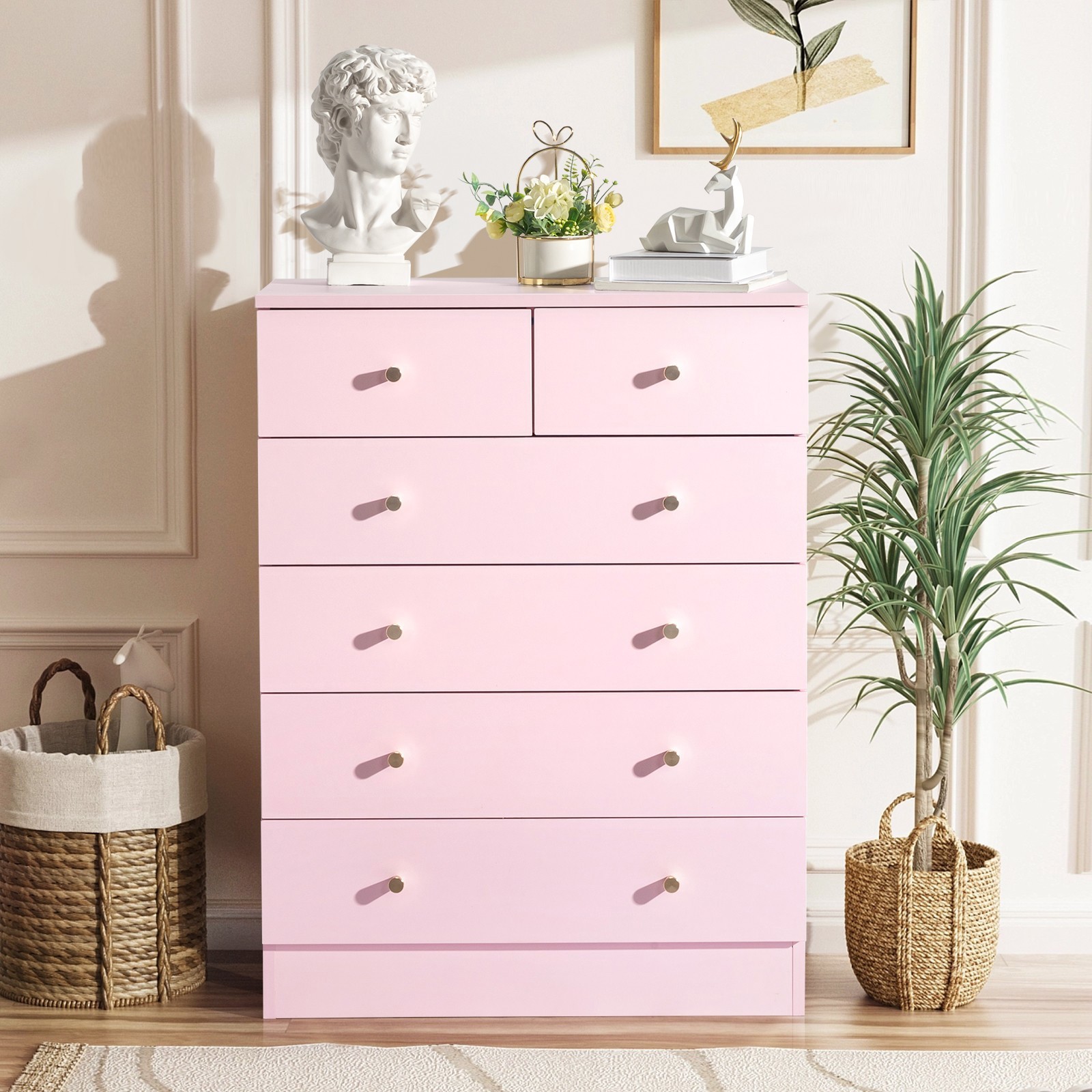 6 Drawer Dresser Pink Clothes Storage Cabinet Chest Of Drawer Kids Bedroom Stand