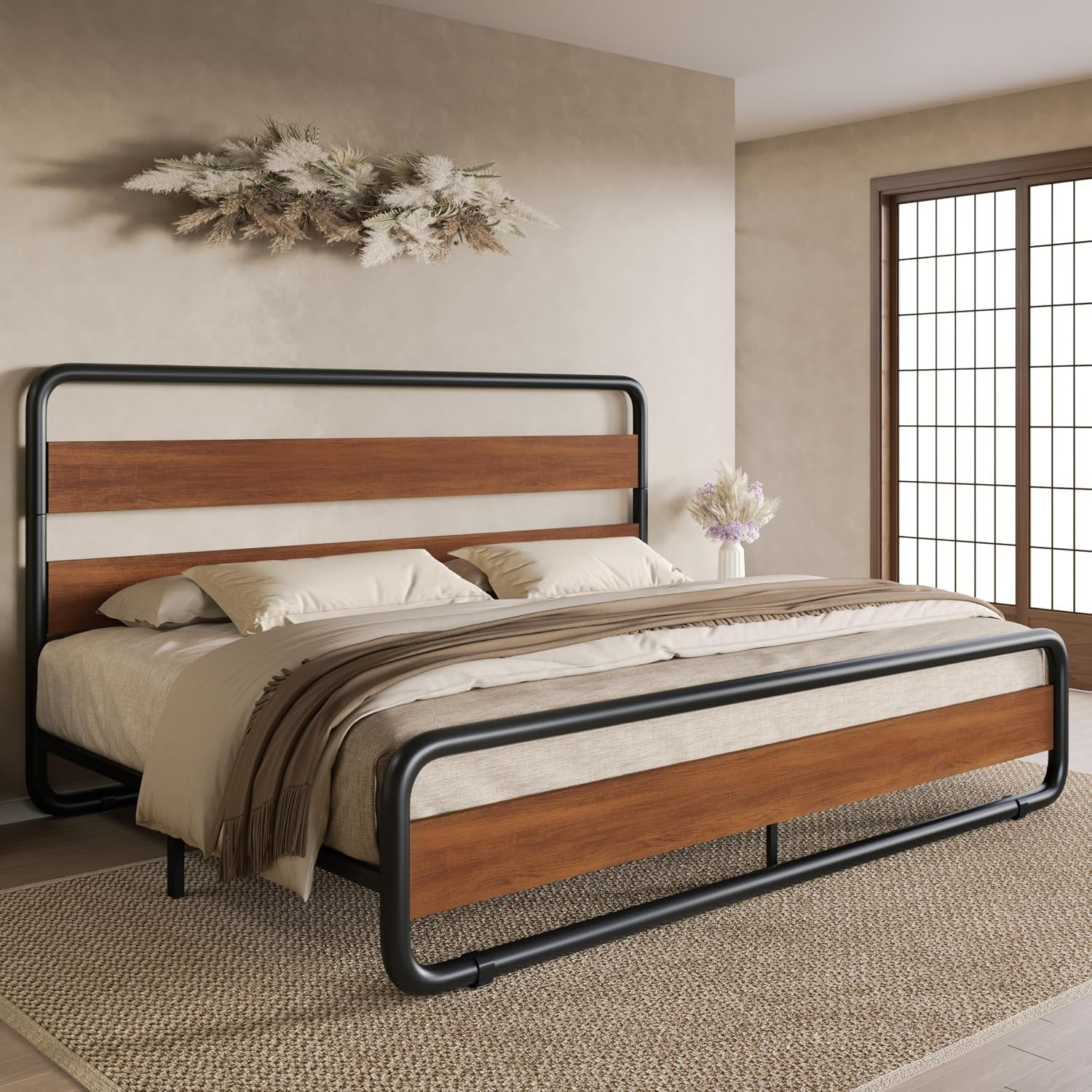 King Size Metal Bed Frame with Wooden Headboard and Footboard, Heavy Duty Platfo