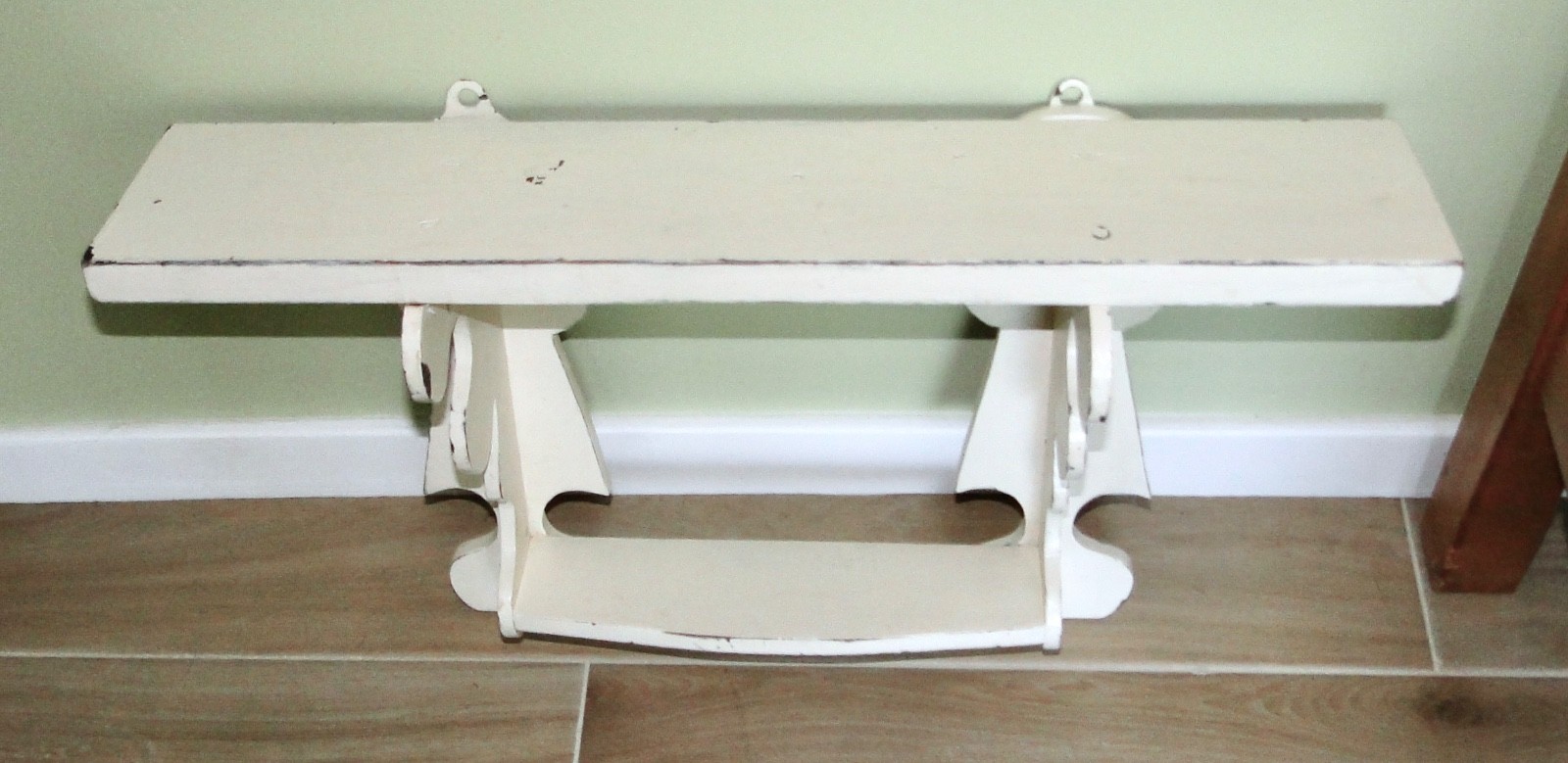 Vintage Heavy Wood WALL SHELF Painted WHITE CHIPPY FARMHOUSE ~2 Tiers~ 21″ Wide