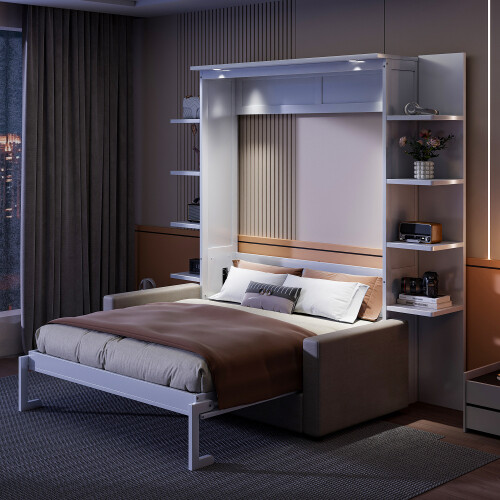 Queen Size Murphy Bed Wall Bed with Sofa Shelves and LED Lights Wood Hidden Beds