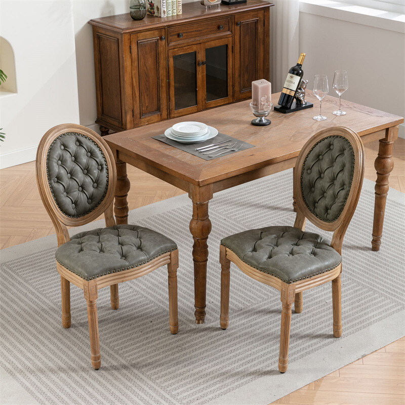 2pcs French Style Solid Wood PU Leather Upholstered Dining Chair OLIVE GREEN
