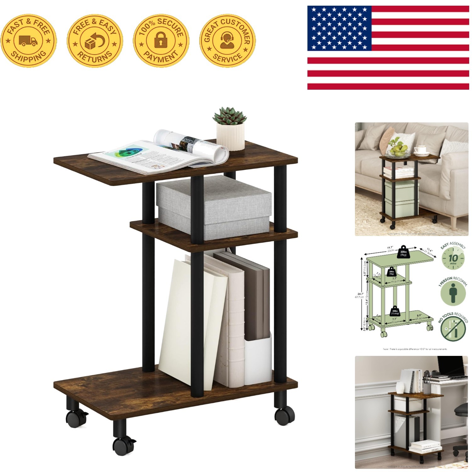 Modern Rolling C Table with Open Shelves & Casters, Amber Pine/Black Finish