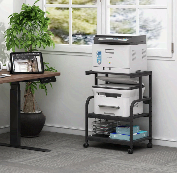 3 Tier Rolling Printer Stand w/ Adjustable Shelf & Wheels for Home Office Black