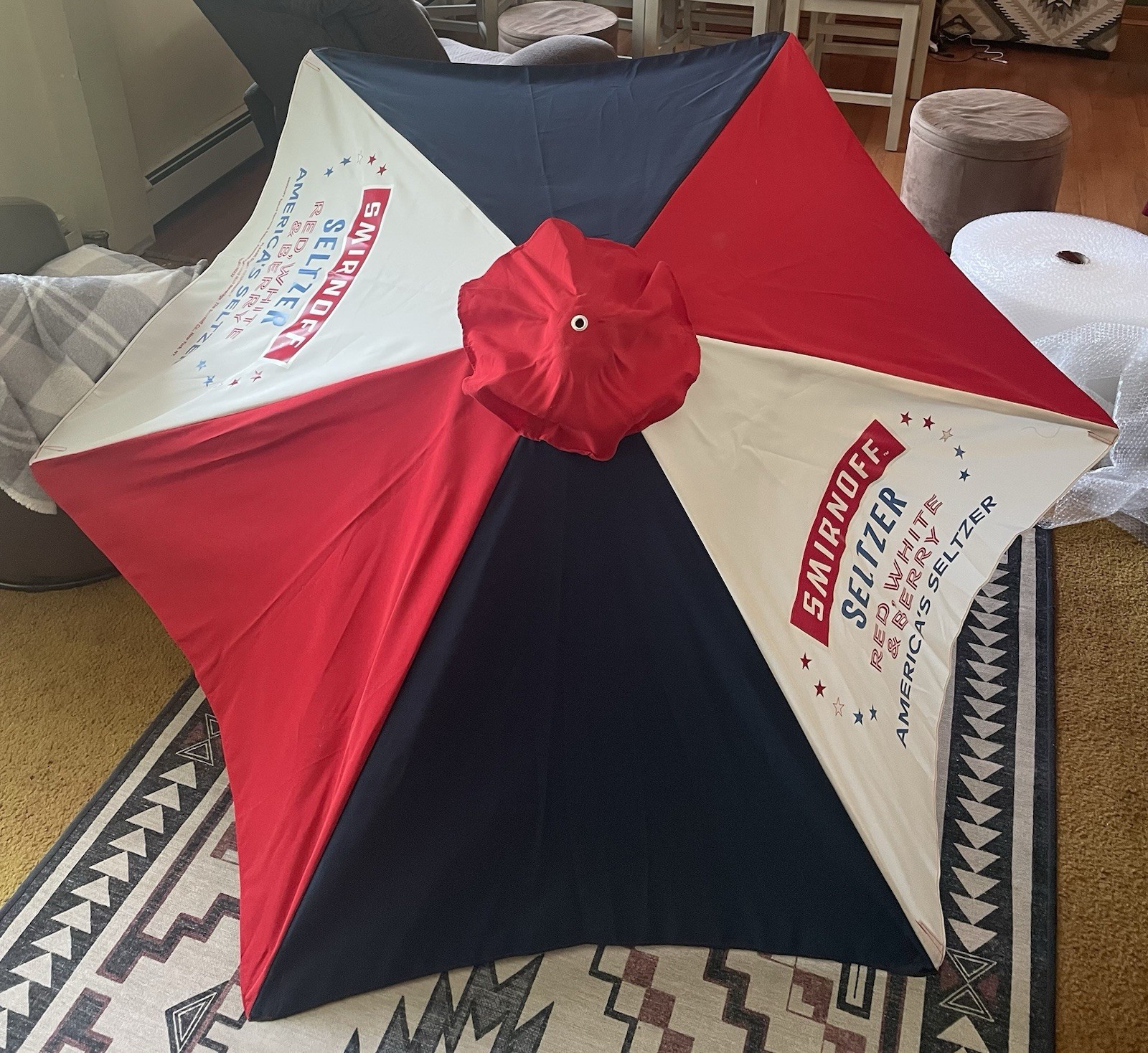 SMIRNOFF SELTZER RED WHITE & BLUE UMBRELLA WOOD POLE 7 Foot. 7.5 Foot Tall. NEW