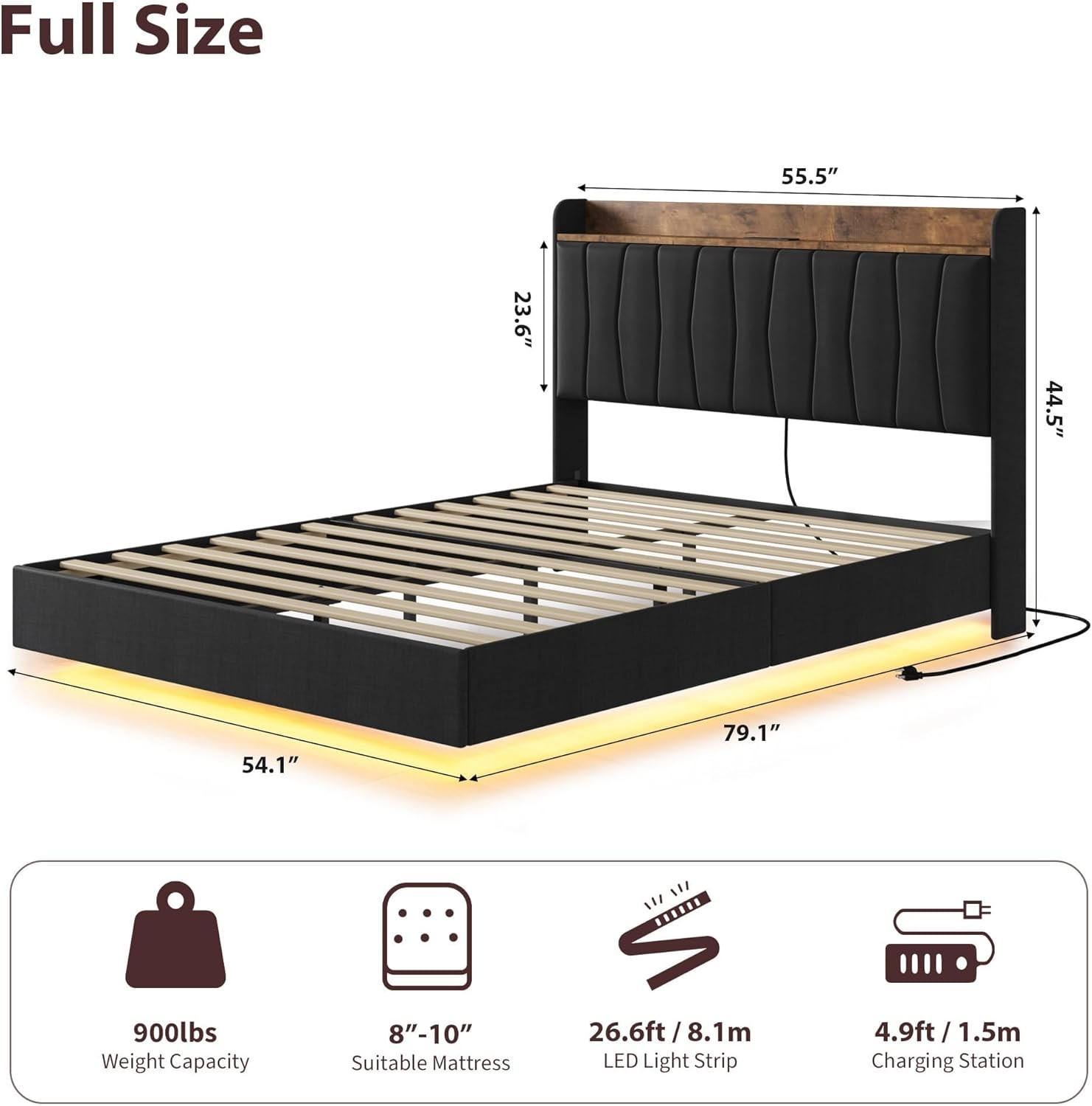 Floating Bed Frame with Storage Headboard,LED Lighting&Built-in Charging Station