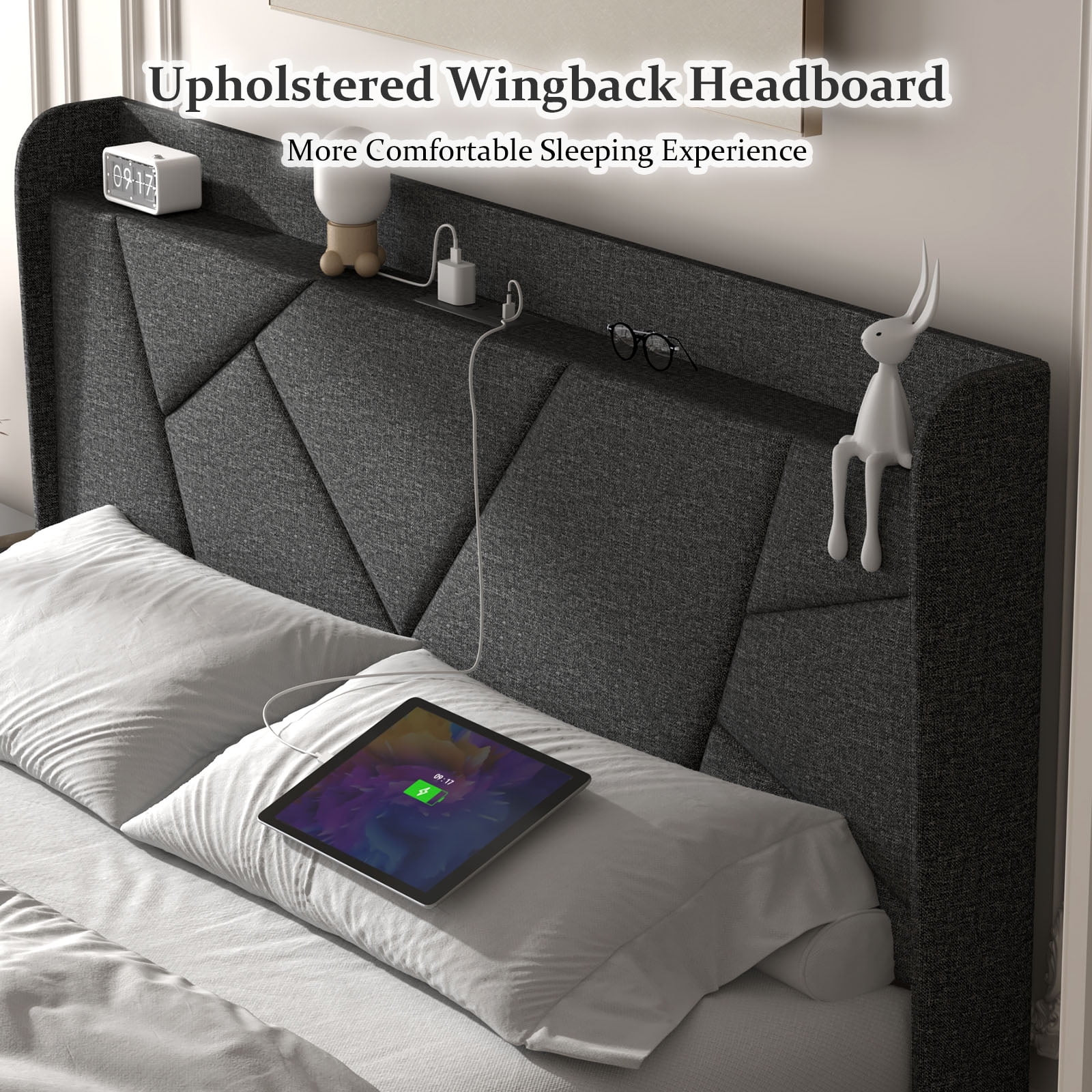 Full Queen King Upholstered Bed Frame Charging Ports Storage Wingback Headboard
