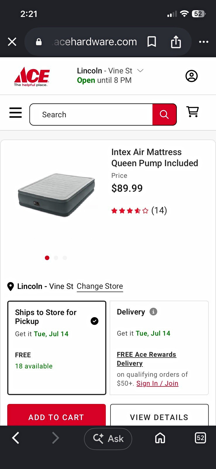 Intex Dura-Beam Plus King Raised Air Mattress w/ Built-In Pump, Gray 16.5in