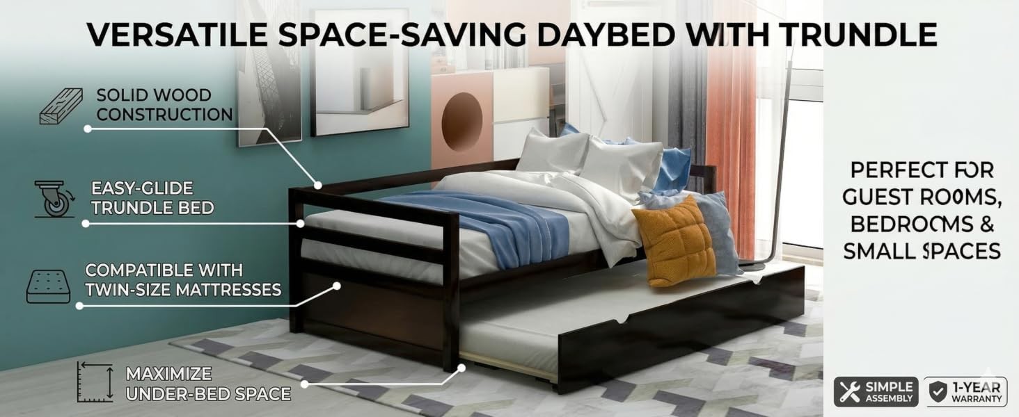 Twin Size Daybed with Trundle, Solid Wood Captains Bed Sofa Bed Frame, White