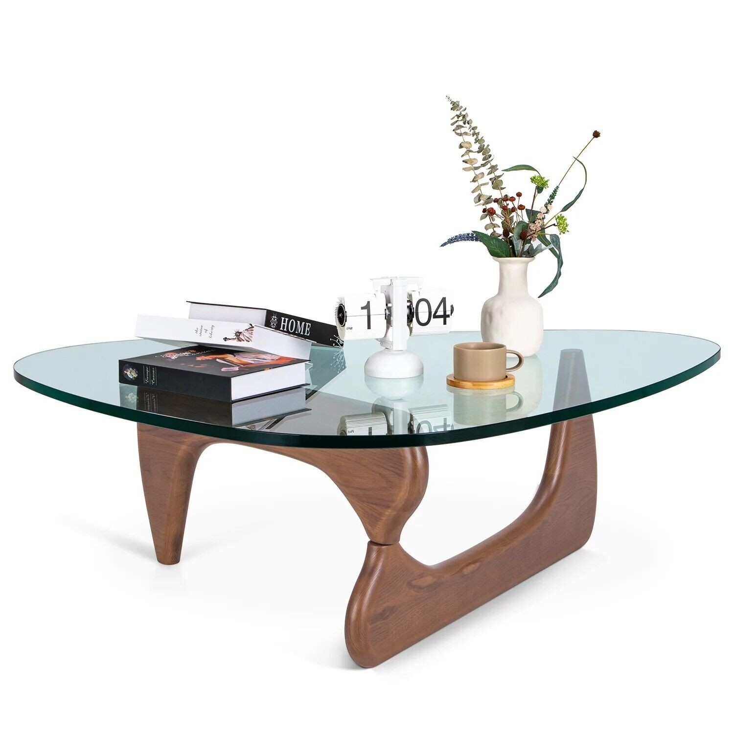 Open Box Noguchi Style Coffee Table in Walnut 8mm Triangle Glass Solid Wood Base