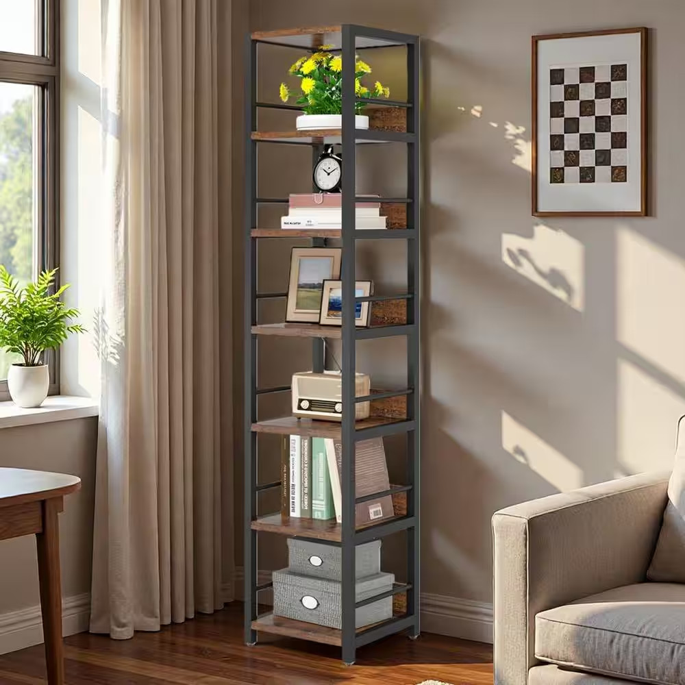 75 In. Tall Brown Engineered Wood 6-Shelf Etagere Bookcase, Corner Bookshelf Nar