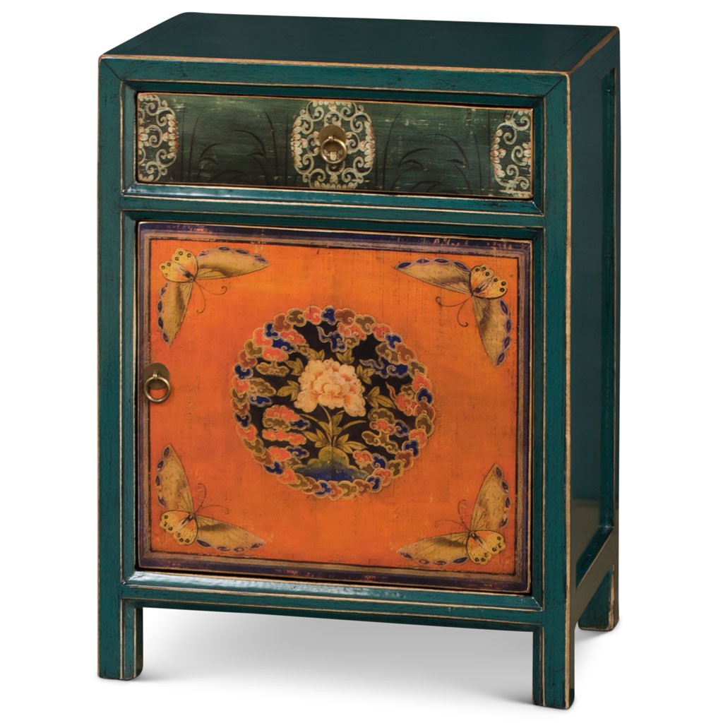 US SELLER – Tibetan Teal and Orange Floral Butterfly Elmwood Nightstand Cabinet