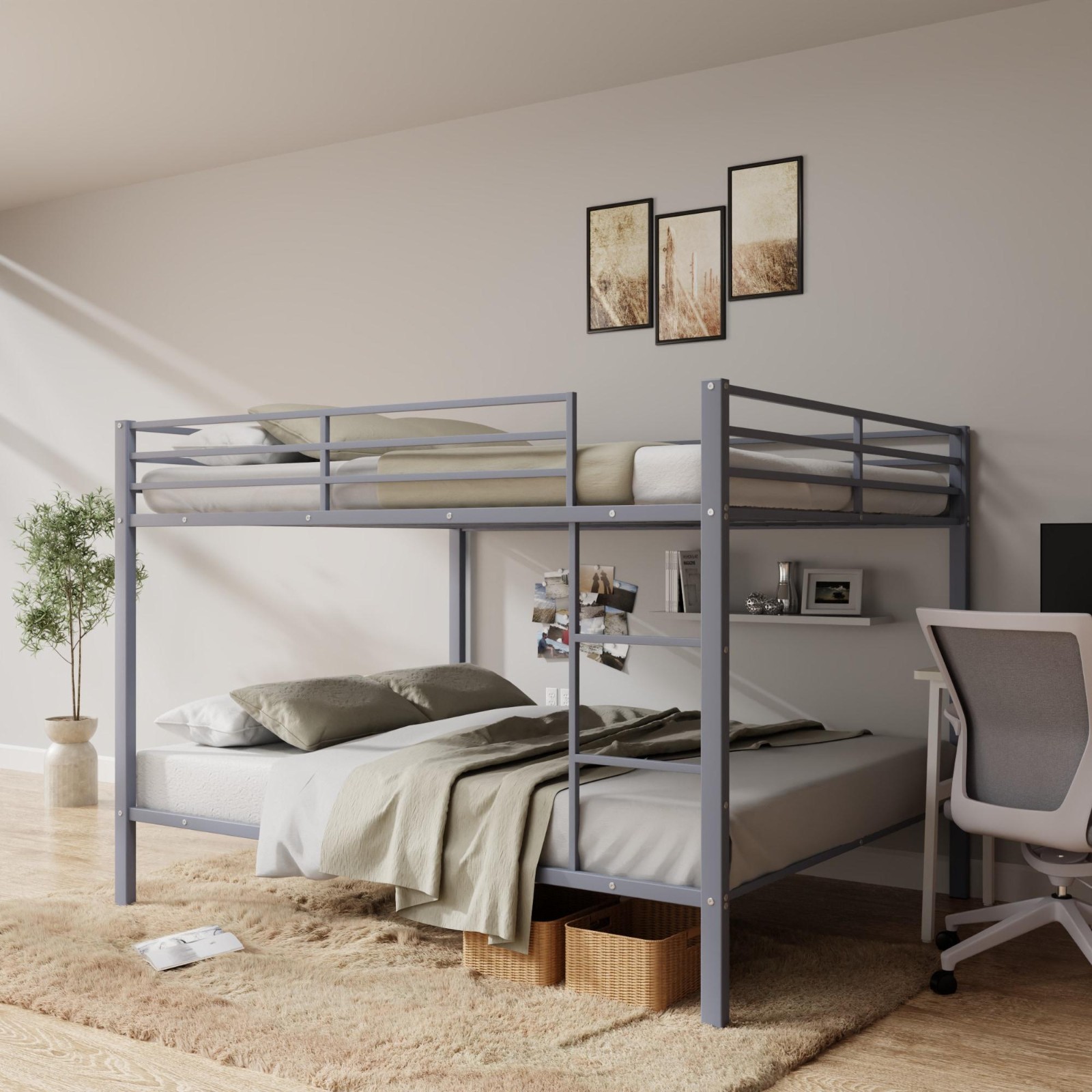 Full Over Full Bunk Bed Double Deck Heavy Metal Frame No Mattress w/ Guard Rail