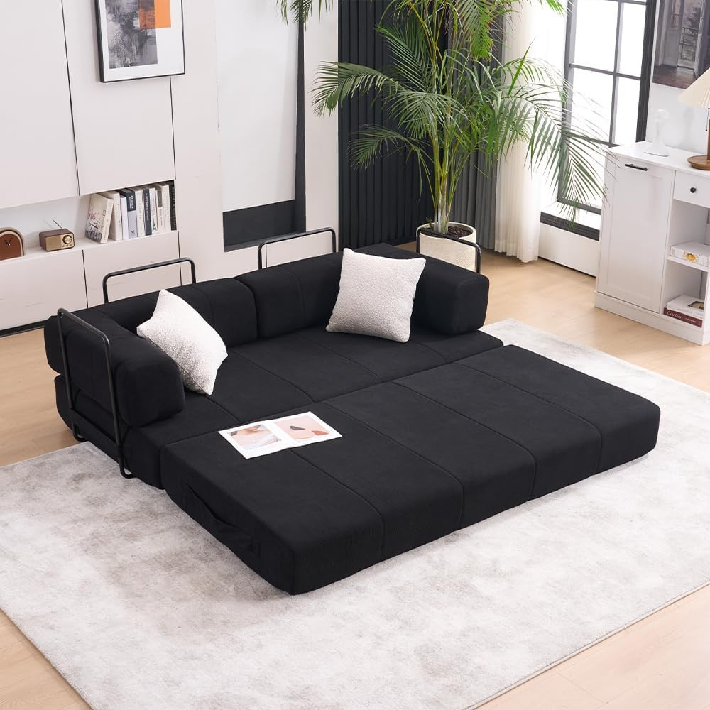 79.92″ Convertible Folding Sofa Bed with 2 Pillows, Black Futon Sleeper