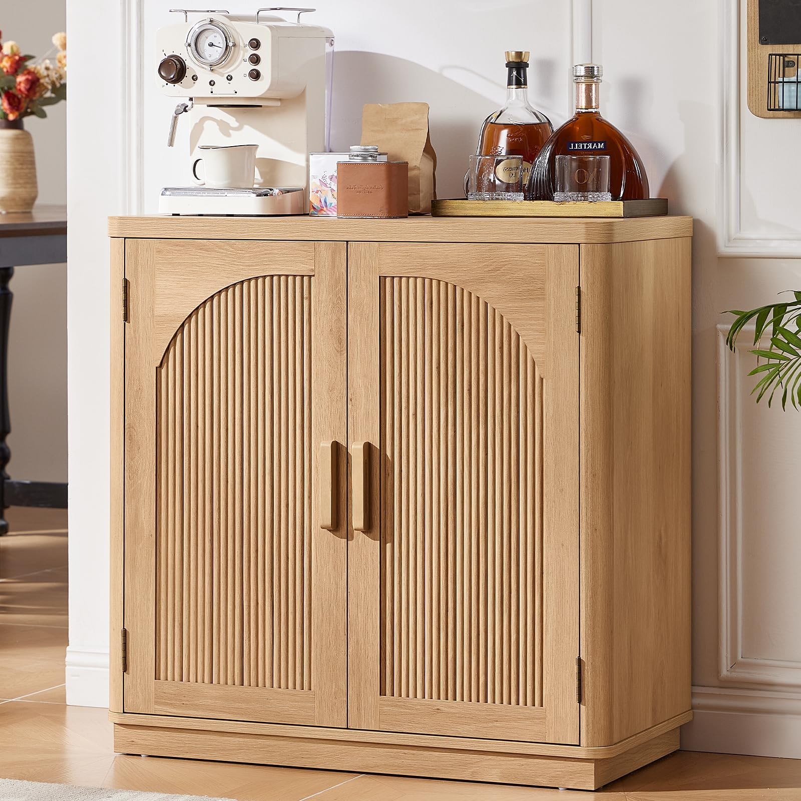 Fluted Buffet Cabinet 31.5 Bar Cabinet Arch Doors Adjustable Shelves MCM Natural