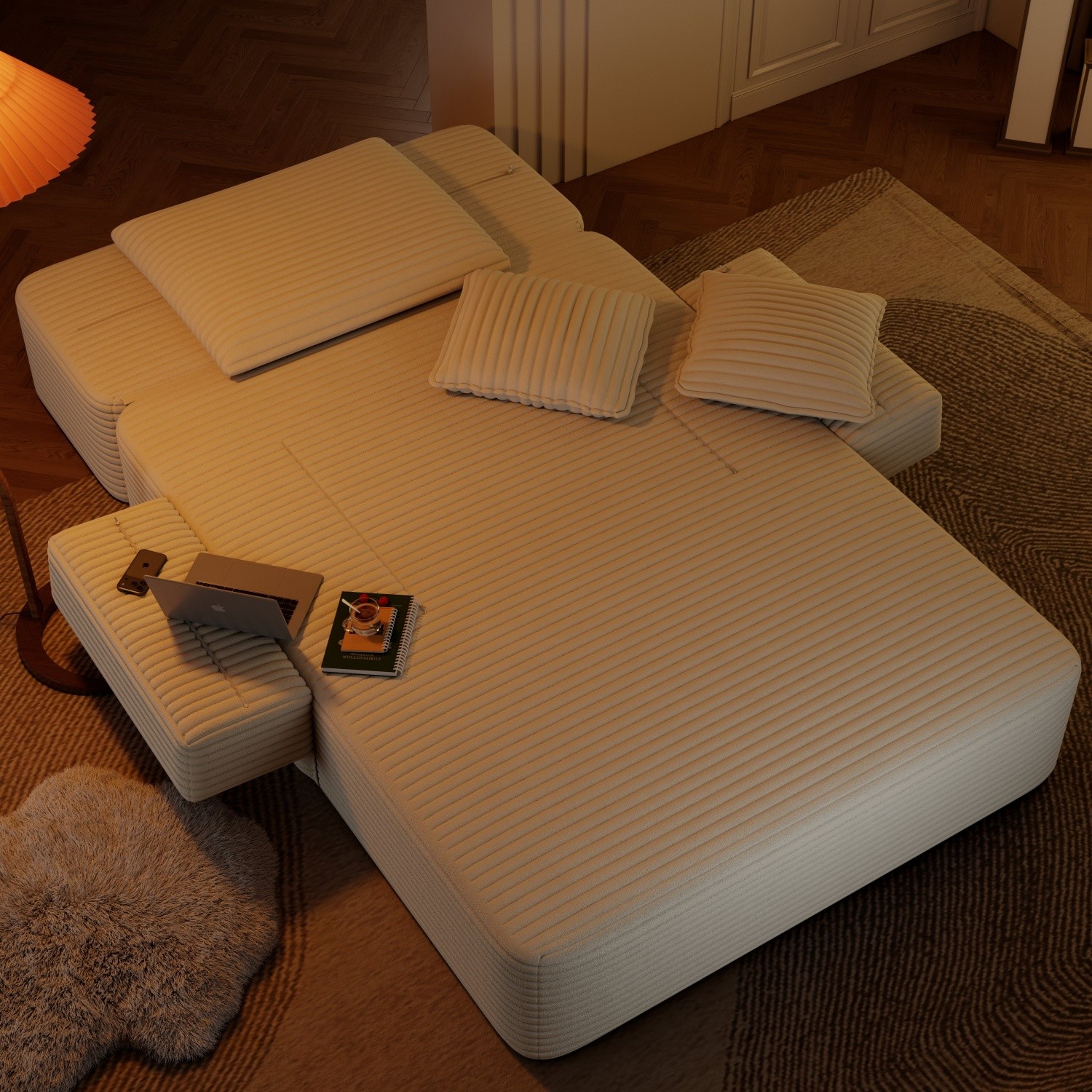 Modern Plush Corduroy Sofa Bed Chaise Lounge No Assembly Required with 3 Pillows