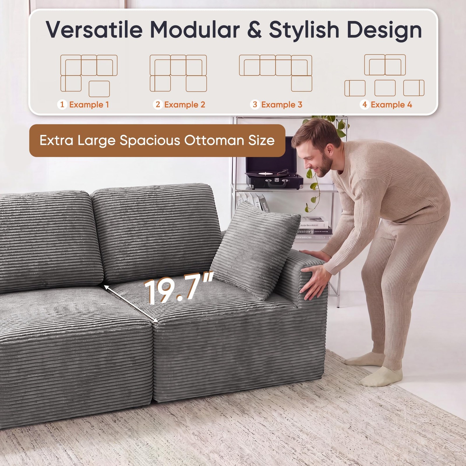 Boneless Sectional Couch Deep for Seat Upholstered Cloud Sofa Dark Grey 4-for Se