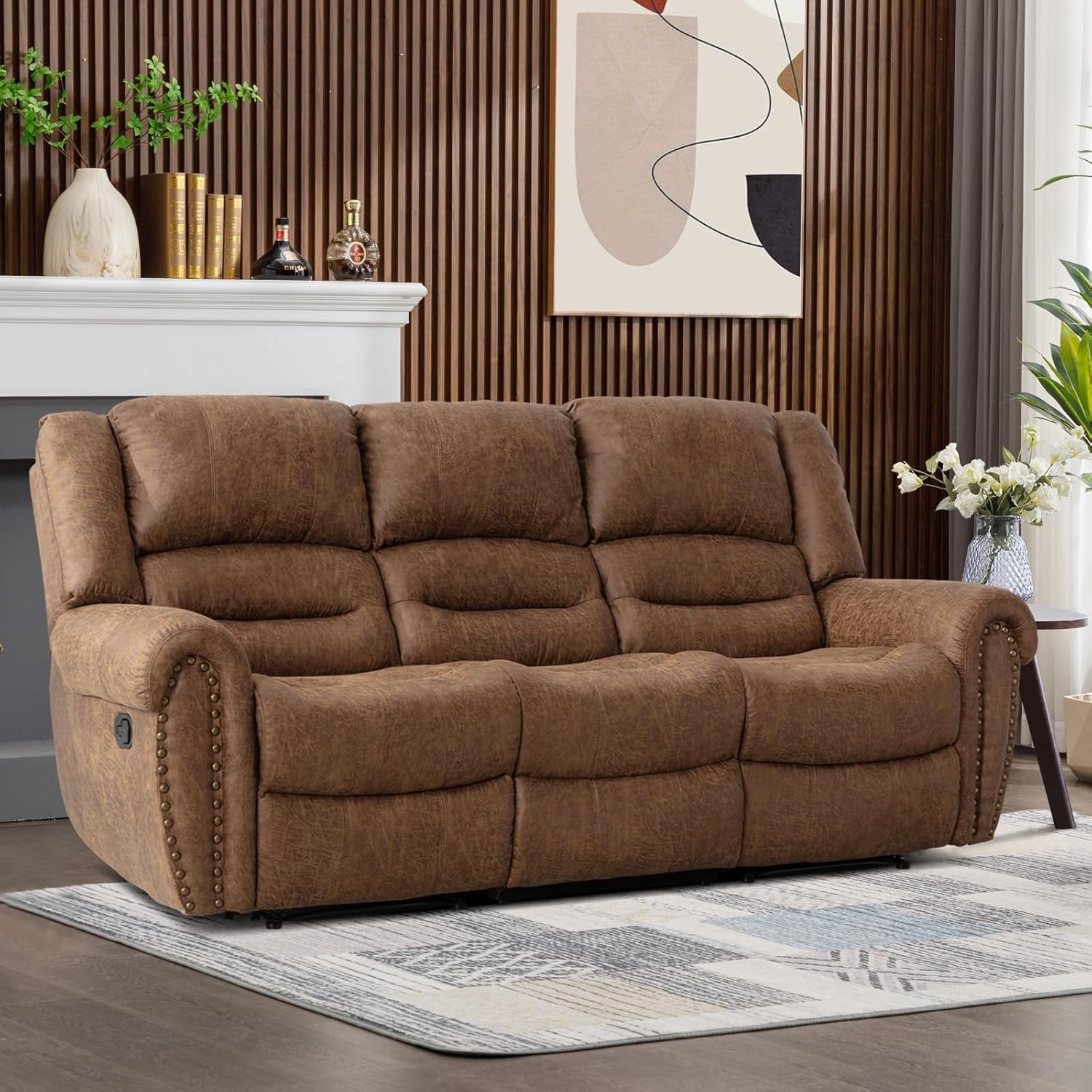 Canmov Faux Leather Manual Reclining Sofa Chair, 3 Seat Recliner Couch Sofa