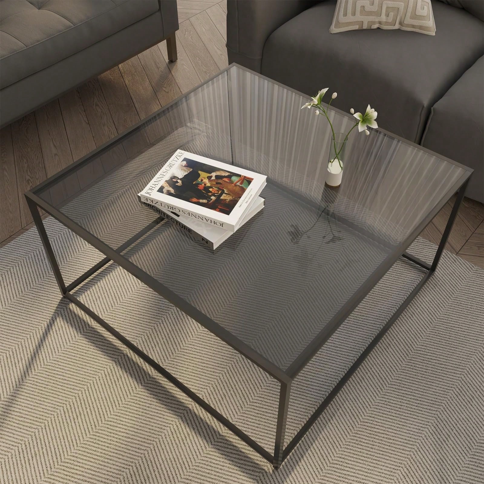 26.4in Square Glass Coffee Table Gold Metal Frame Modern Center Table