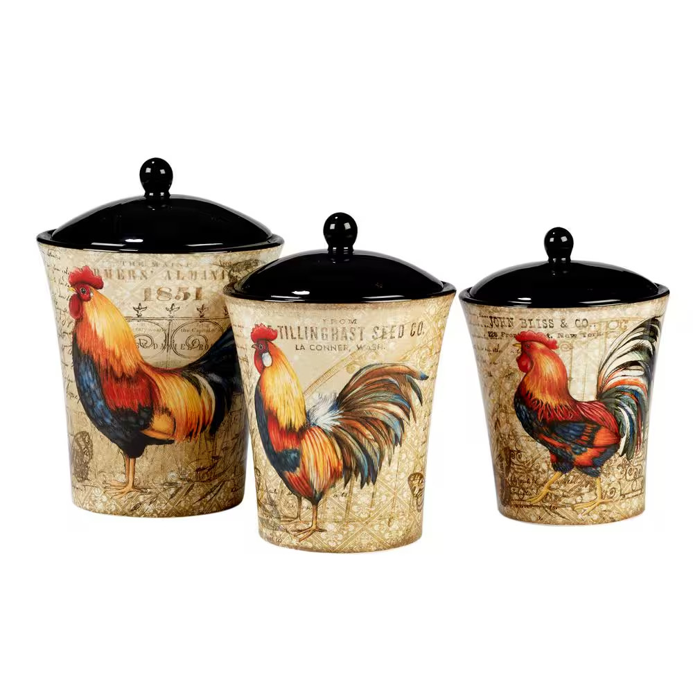 Gilded Rooster 3-Piece Traditional Multi-Colored Ceramic 48, 58, 86 Oz. Canister