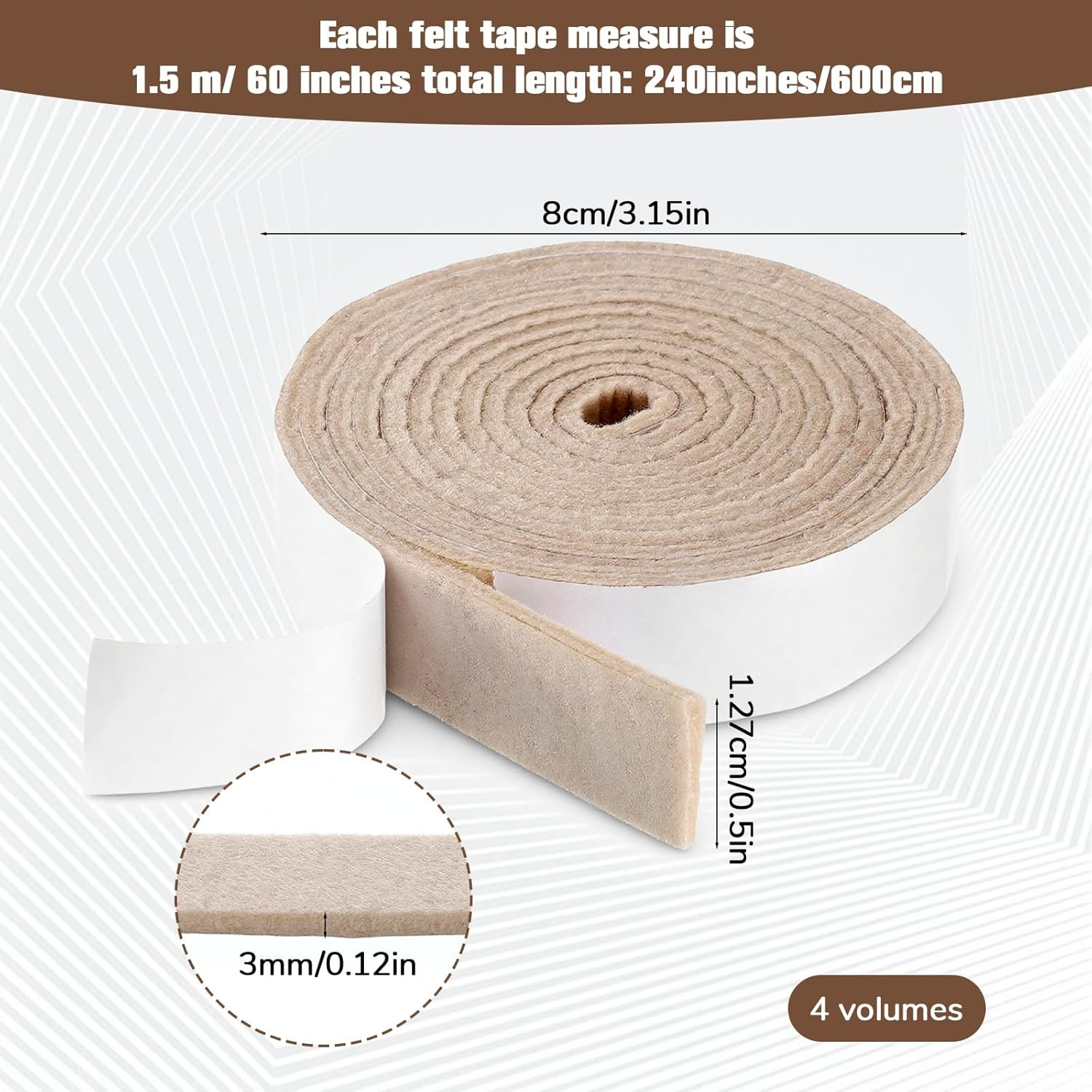 4 Rolls 1/2″ x 60″ Self-Adhesive Felt Strips, Heavy-Duty Furniture Pads for Floo