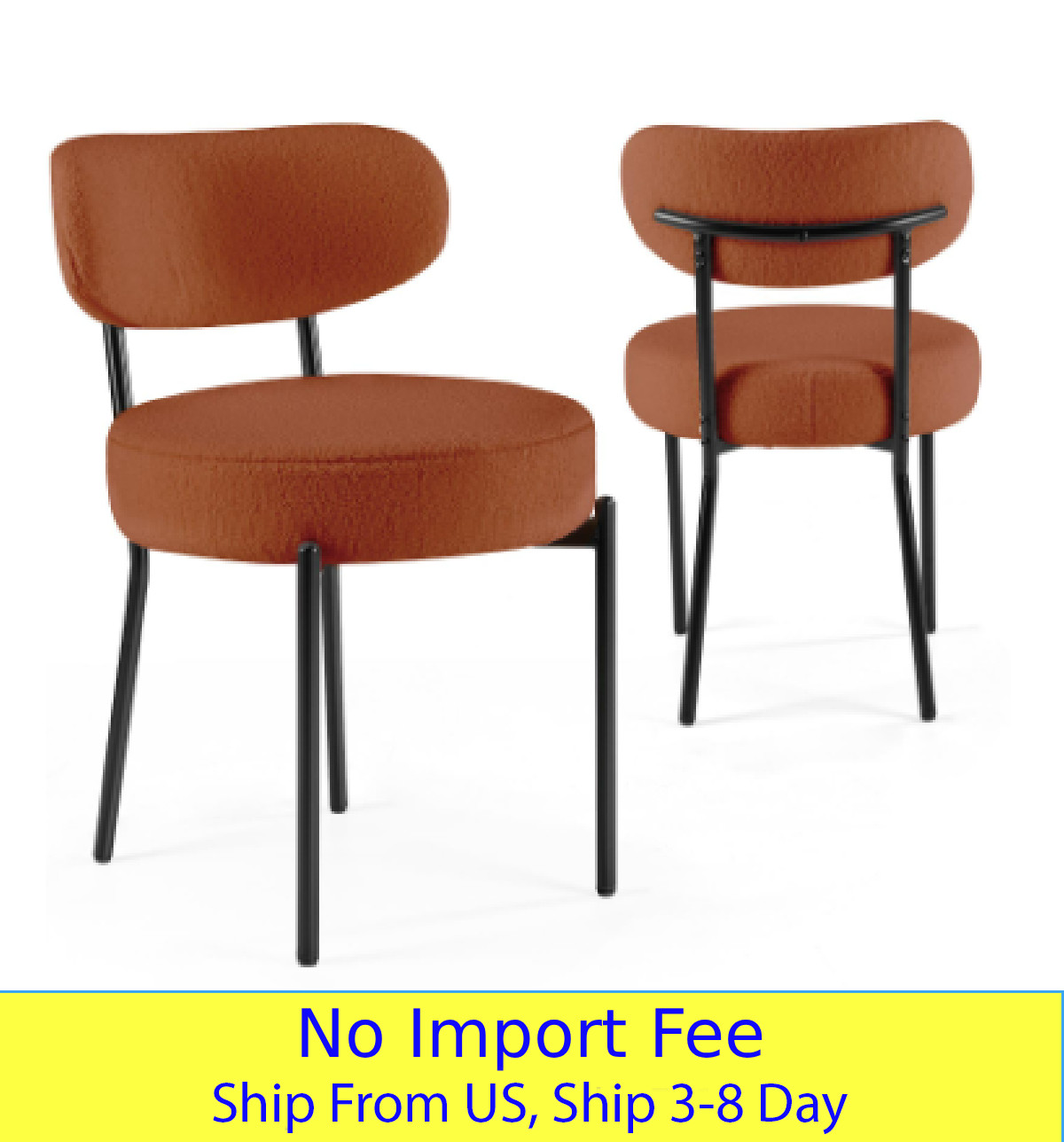 Set of 2 Dining Chairs Curved Backrest Upholstered Seat Black Metal Legs
