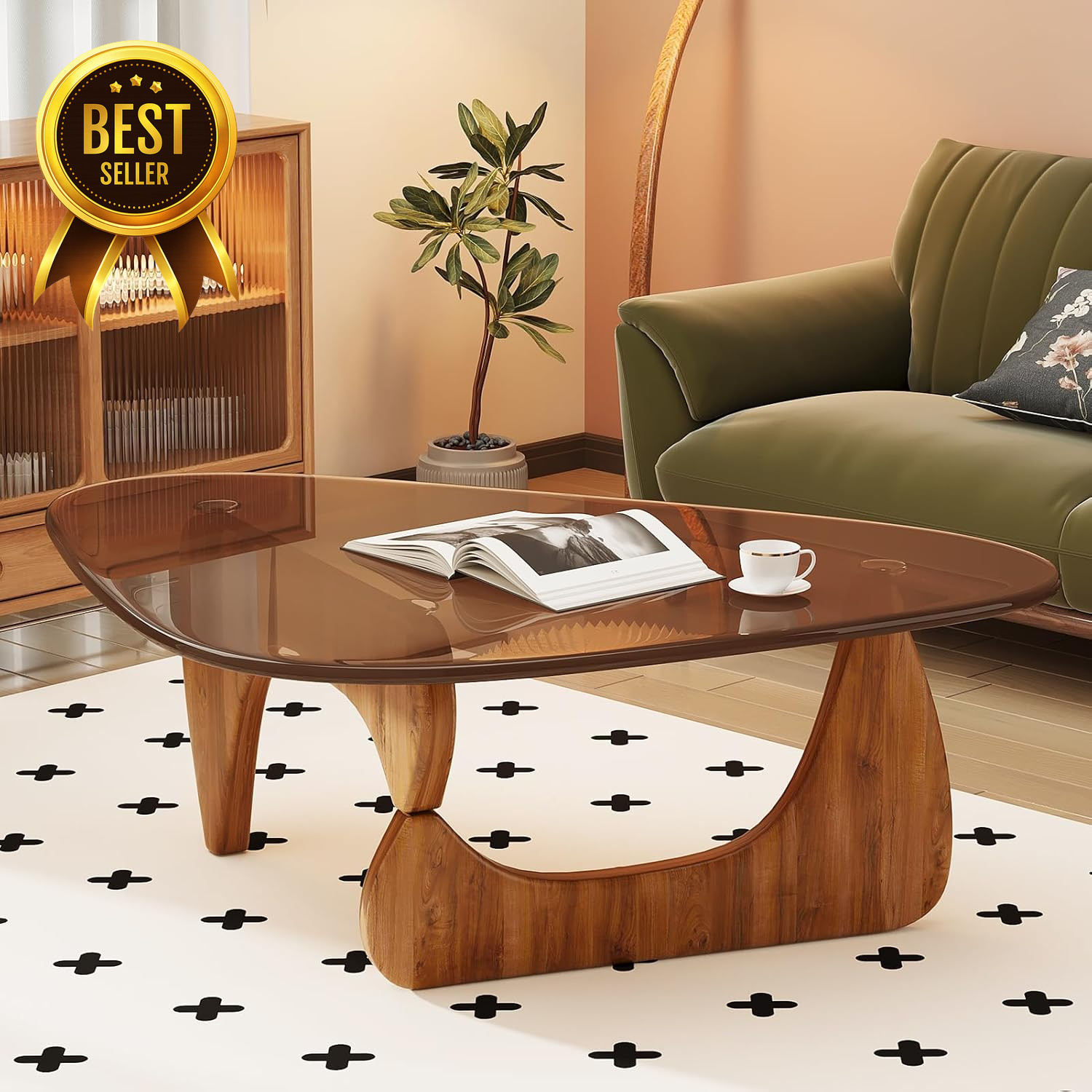 32″ Mid Century Modern Coffee Table Glass Top Wood Center Table Walnut Brown