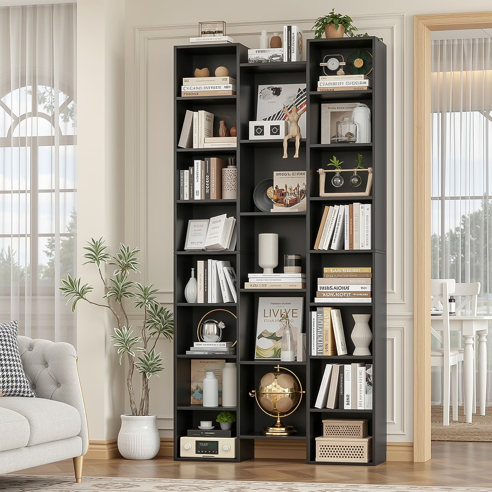 Modern Black Bookcase 21 Display Shelves Adjustable Shelves For Books Photos CDs