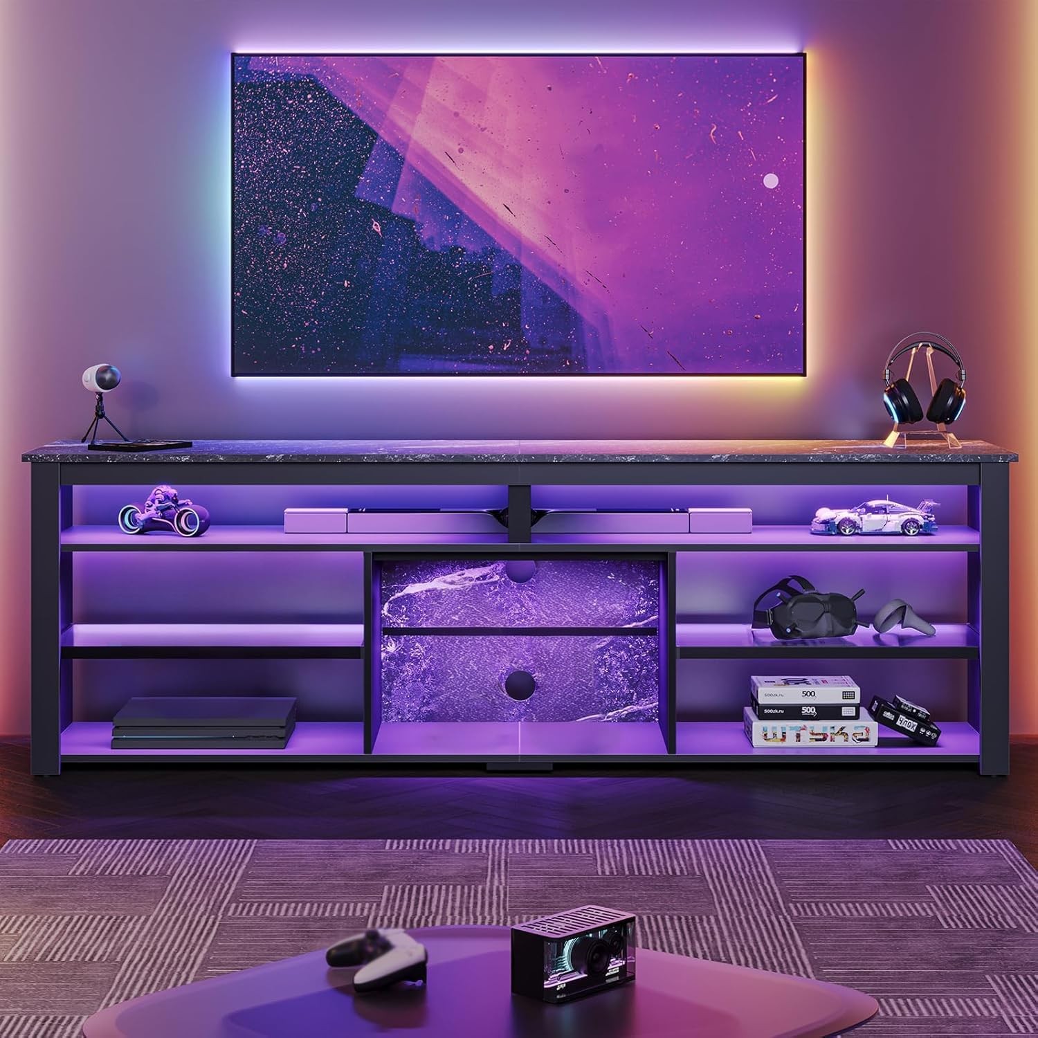 Tall LED TV Stand for 70/75/80 inch TV, Modern Black Marble Entertainment Center