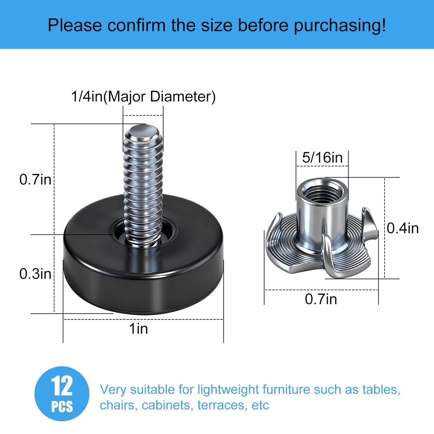 1/4″ Thread Leveling Feet with T-Nuts, 12 PCS Adjustable Furniture Leg Levelers