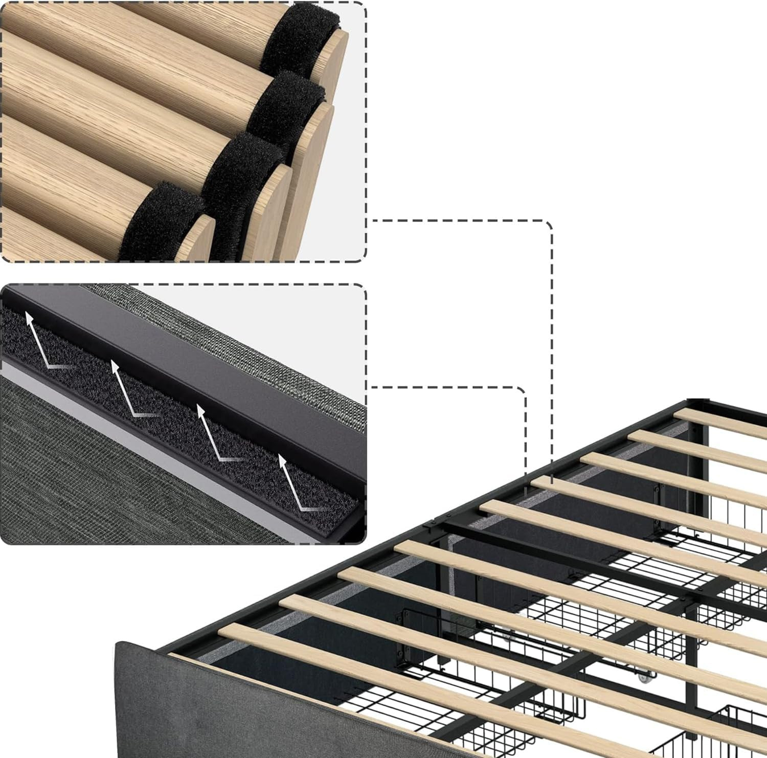 Queen Upholstered Platform Bed Frame with 4 Storage Drawers – No Box Spring Need
