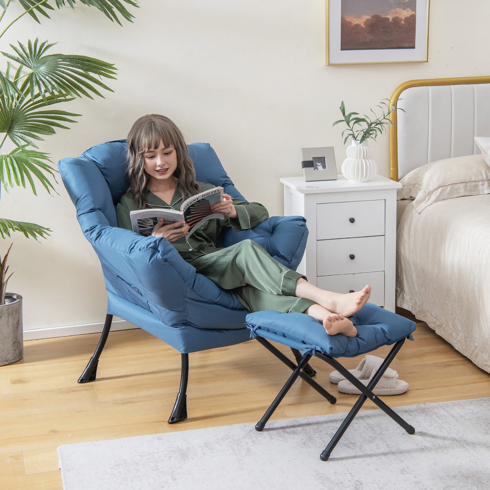 Lazy Sofa Chair Accent Leisure Armchair w/Folding Footrest & Storage Pocket Blue
