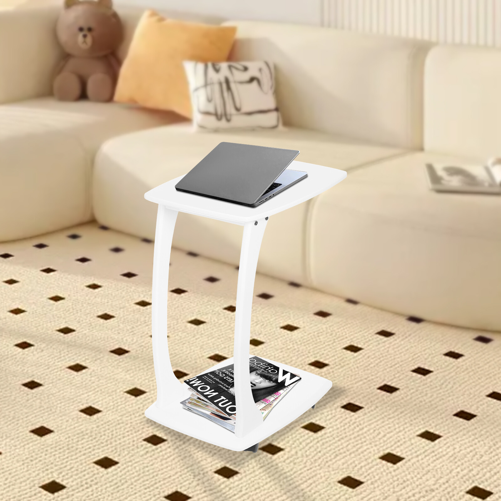 63cm/24.8in C Shaped Side Table Wood End Table W/ Spacious Desktop & 4 Wheels