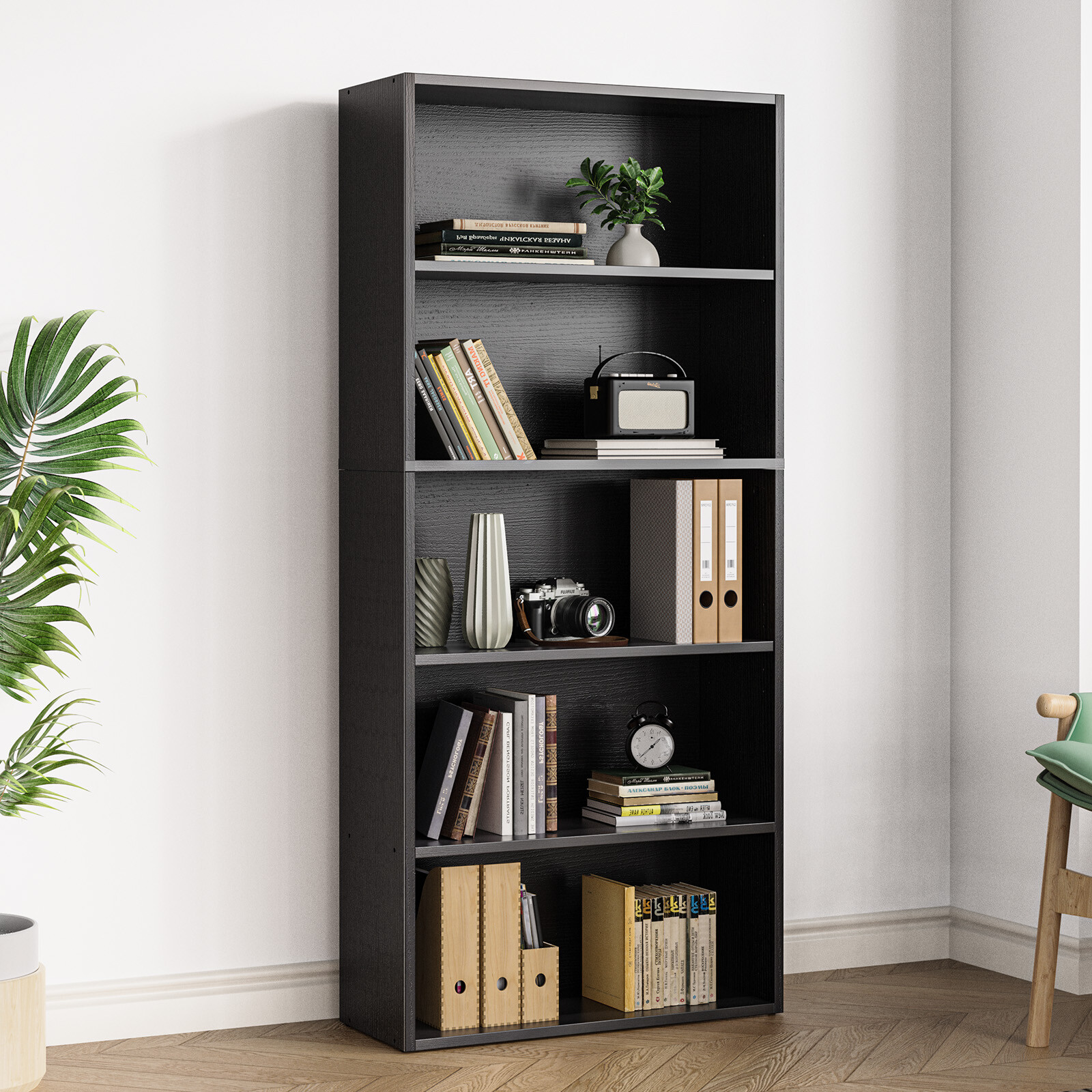 Bookshelf 5/6Tier Storage Shelf Adjustable Bookcase Open Wood Magazine Organizer