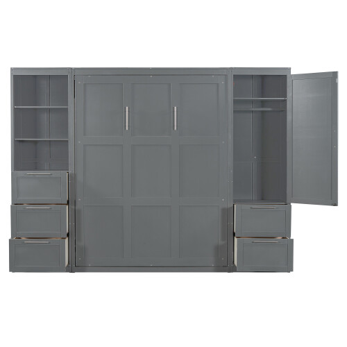 Queen Size Murphy Bed Wall Bed with Closet and Drawers Foldable Bed w/ Wardrobe