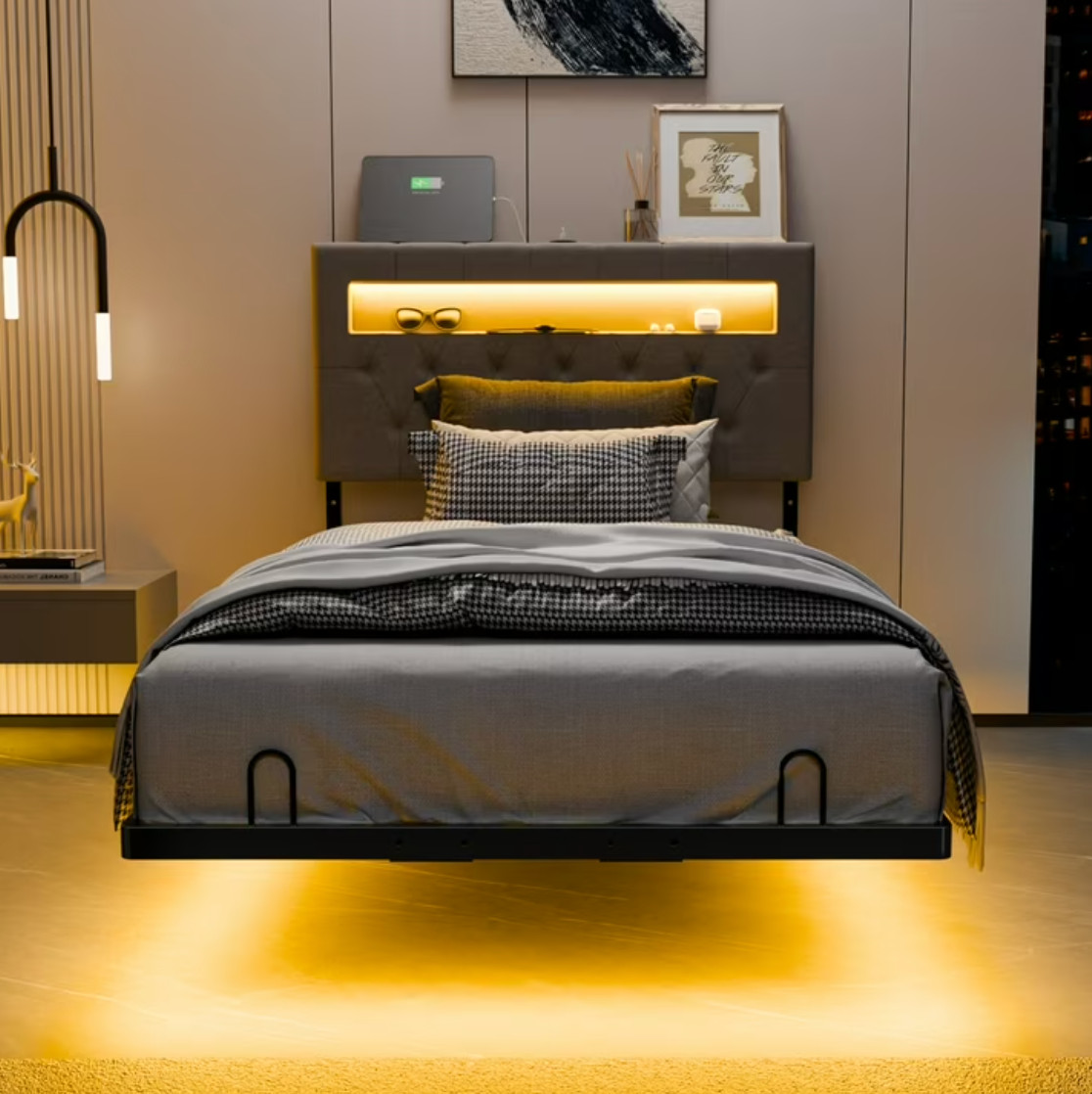 Twin Floating Bed Frame w/ LED Cama Twin con Luz LED Plataforma Gris NEW