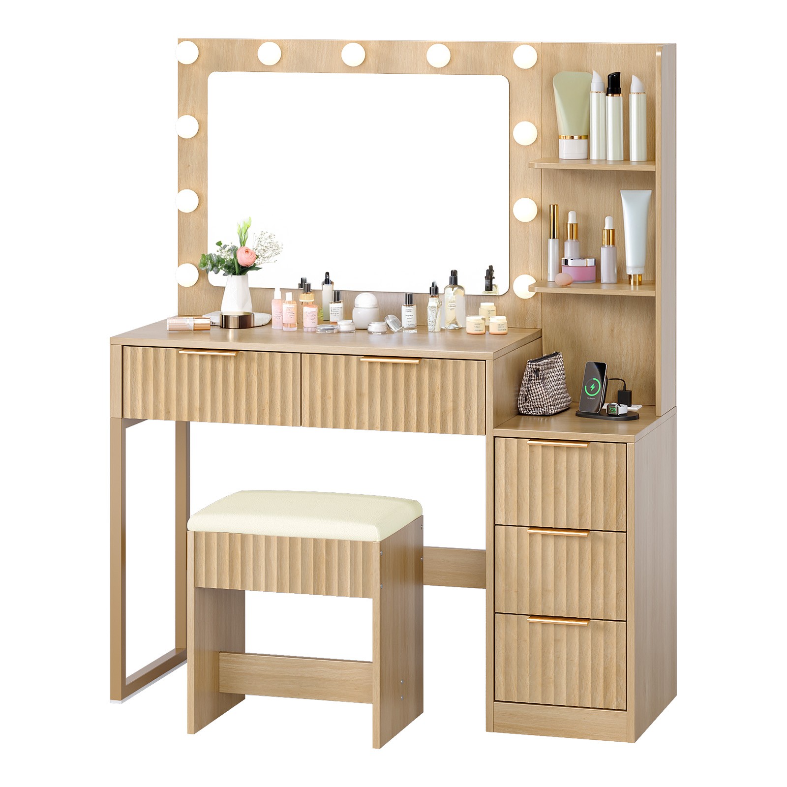 Fluted Makeup Vanity Table Set with Lighted Mirror, 5 Drawers, Outlets for Girls
