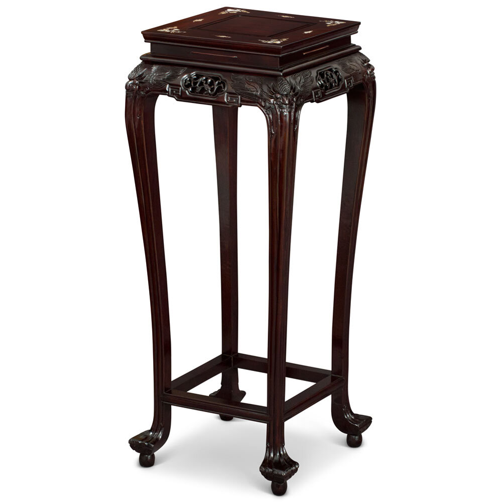 US Seller – Rosewood Queen Ann Dark Brown Mother of Pearl Chinese Pedestal