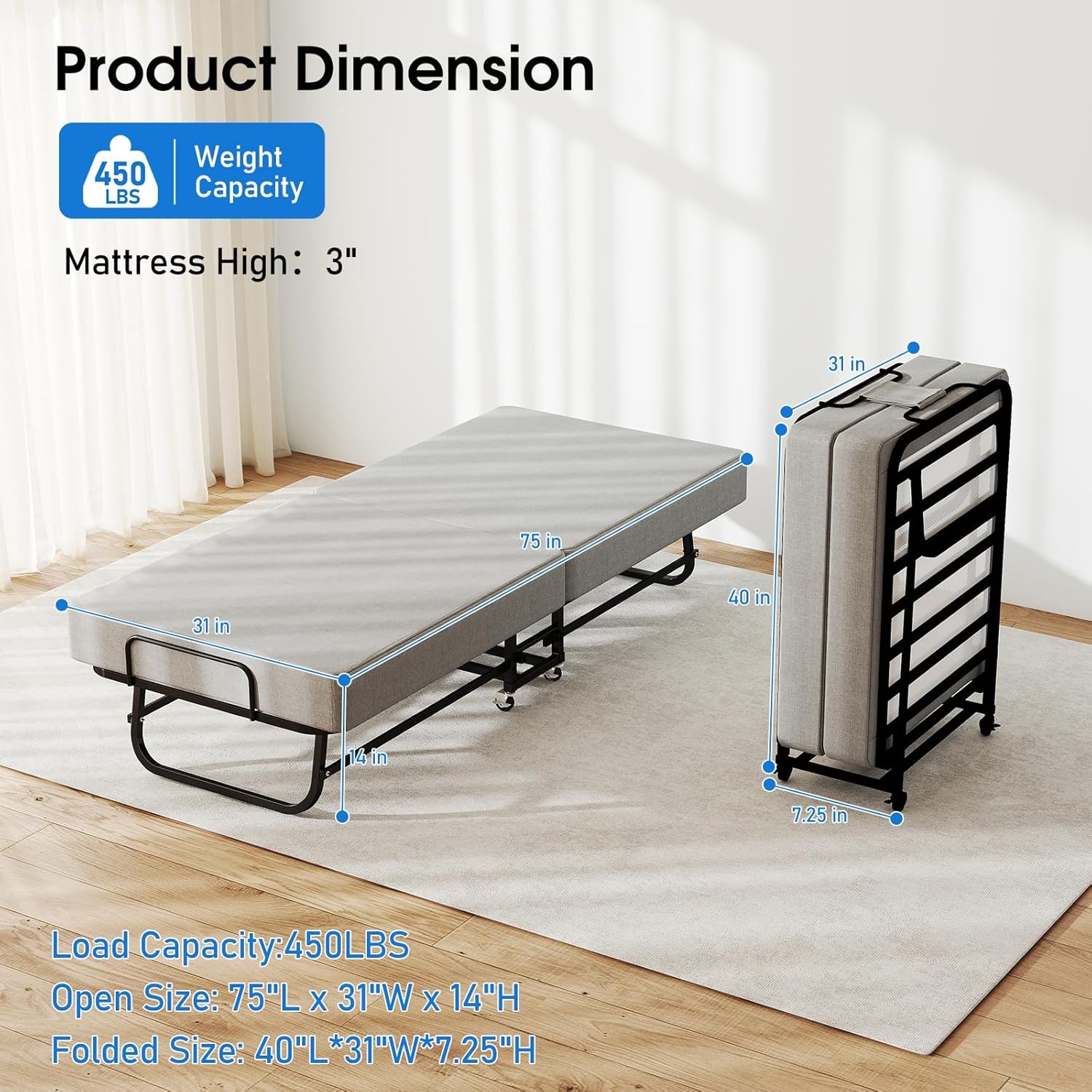 Foldable Rollaway Bed with Memory Foam Mattress & Sturdy Fold Up Metal Frame