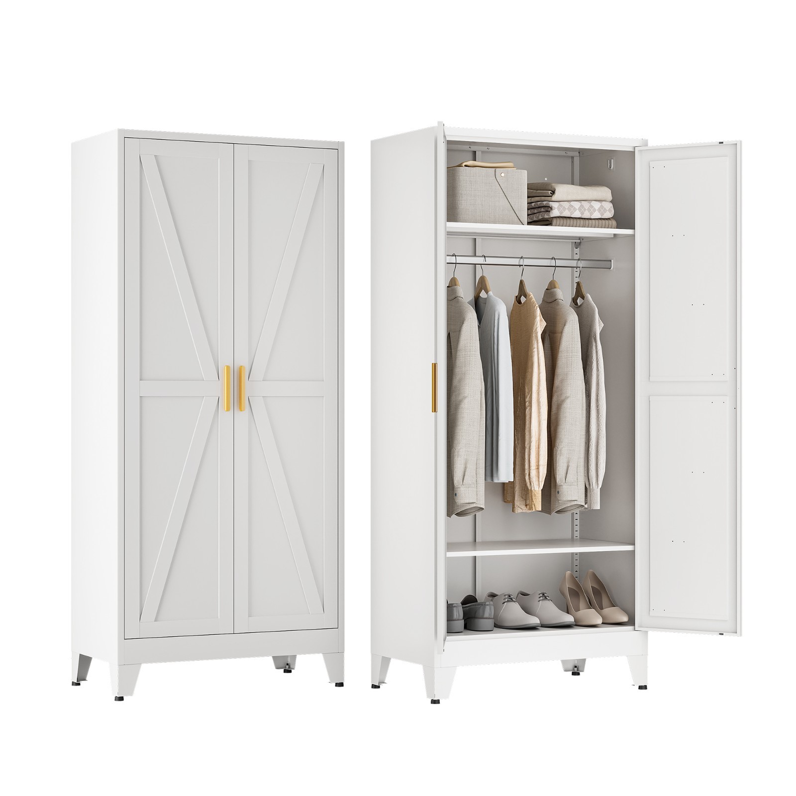 Metal Armoire Wardrobe Closet with Hanging Rod, Armoire with Adjustable Shelves