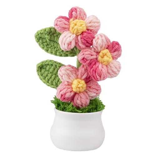 Knitting Crochet Puff Flowers Potted Plants, Gradient Colorful Flowers Gpink