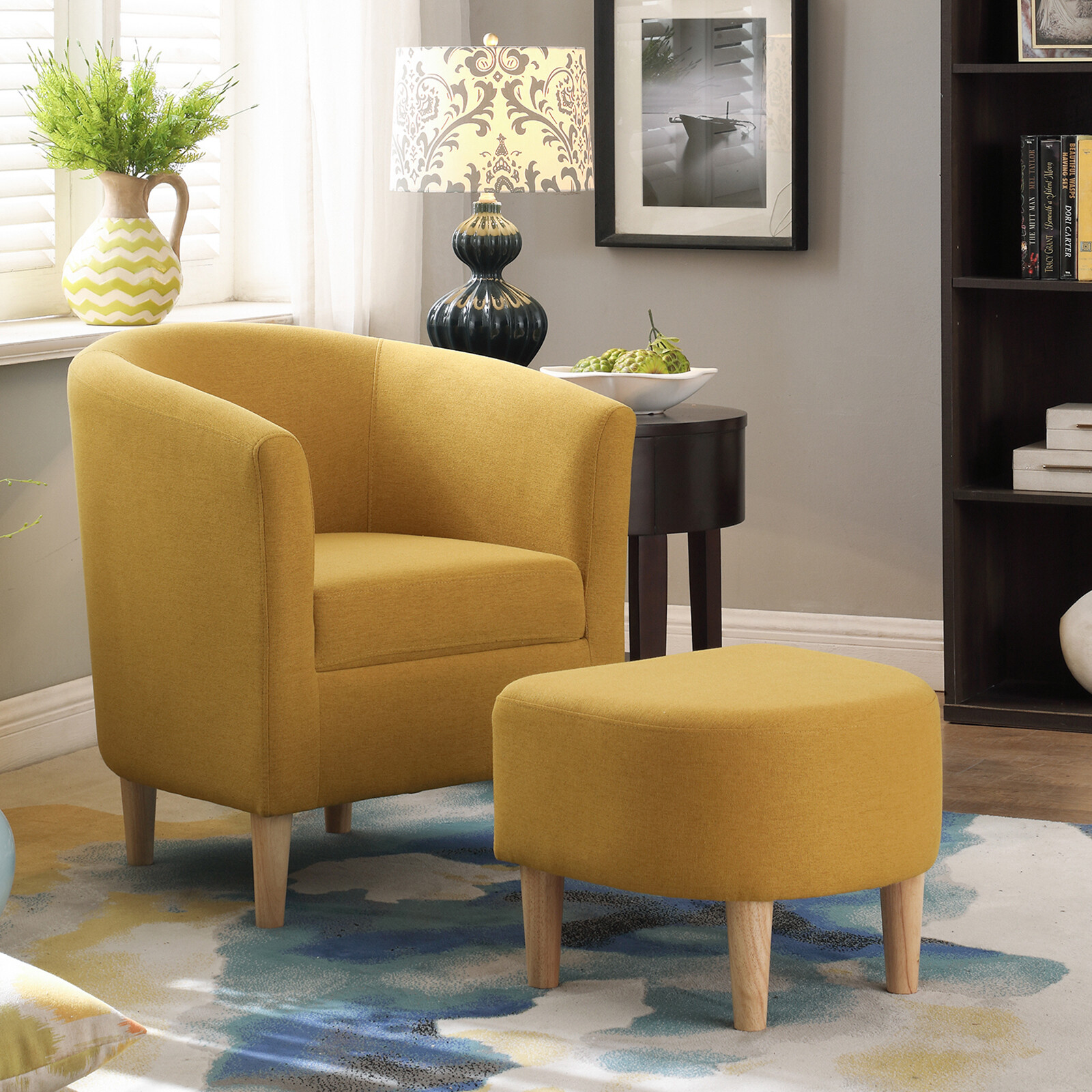 Living Room Modern Accent Chair Linen Fabric Club Single Sofa Chair With Ottoman