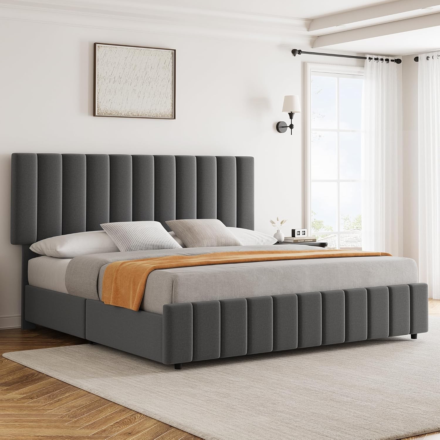 Queen Size Bed Frame with 4 Storage Drawers, Adjustable Height Headboard Grey