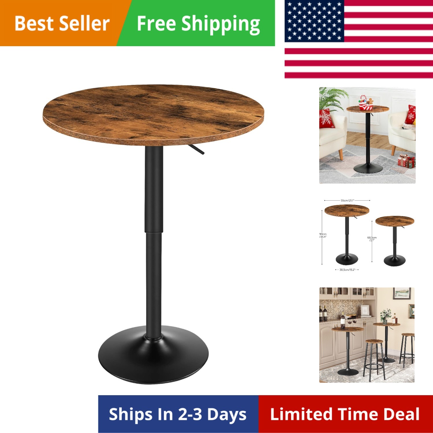 Bar Table, Height-Adjustable Round Pub Table 27-35.4 Inches with Sturdy Base,…