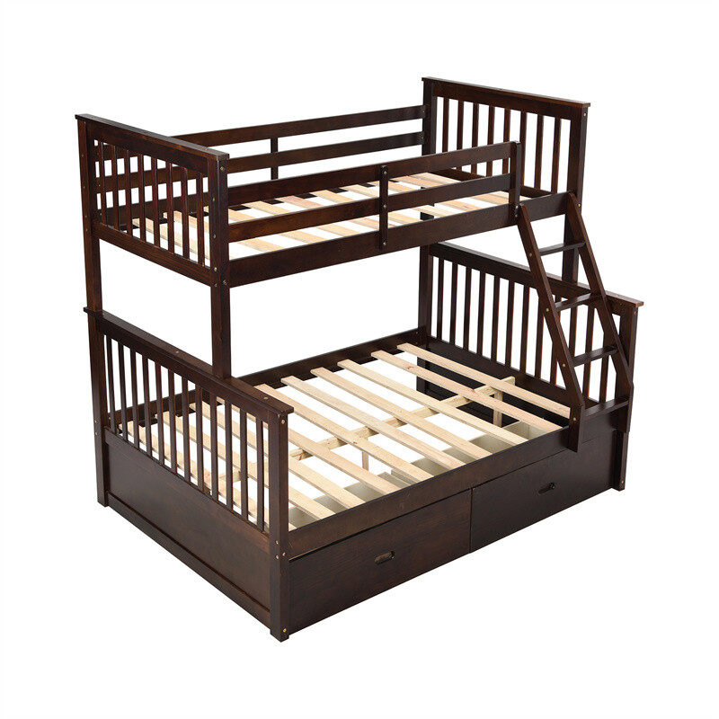 Twin Over Full Bunk Bed with 2 Storage Drawers Convertible Platform Bed Espresso
