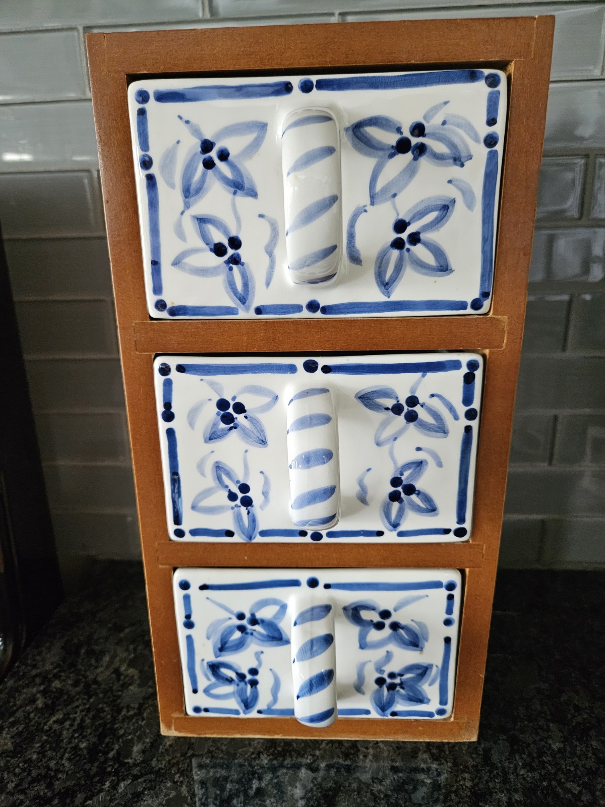 Vintage Lillian Vernon Oak Wood & Blue & White Ceramic 3 Drawer Chest 12 in.