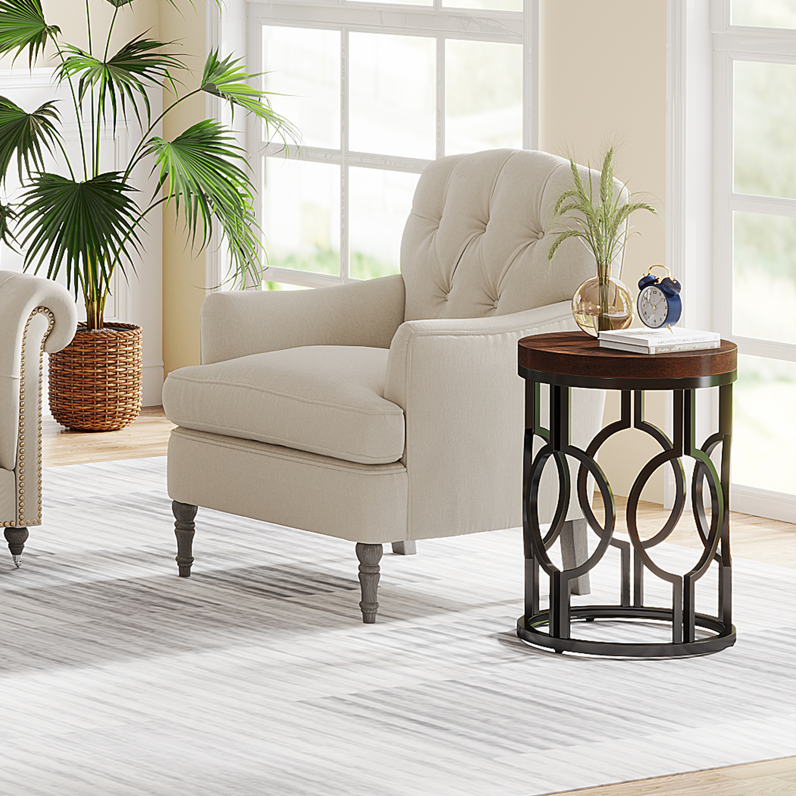 Rustic Wood Round End Table Sofa Side Table with Metal Base for Home Bedroom