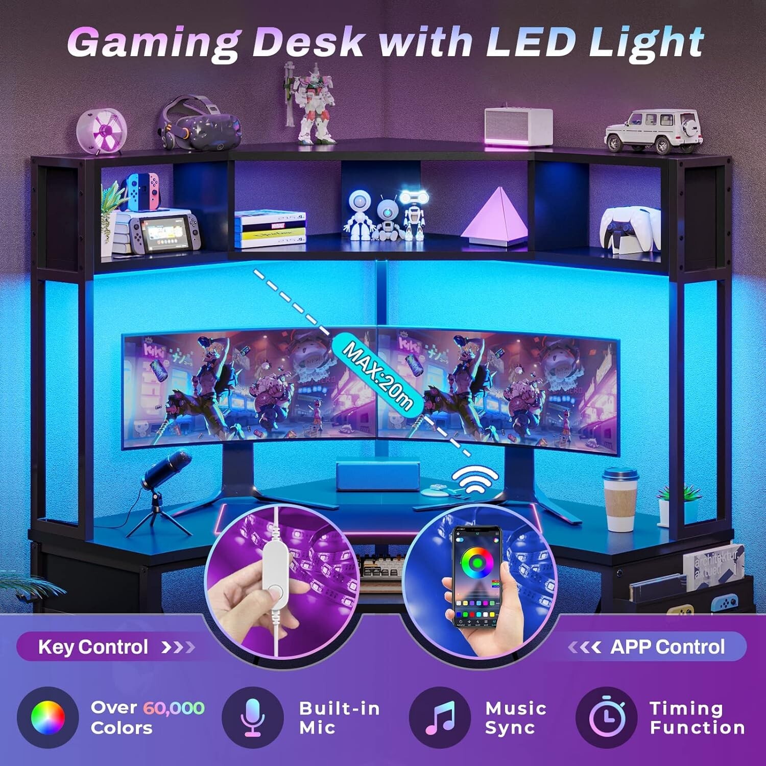 Triangle Corner Computer Desk with Keyboard Tray Home Office Desk w/ LED Lights