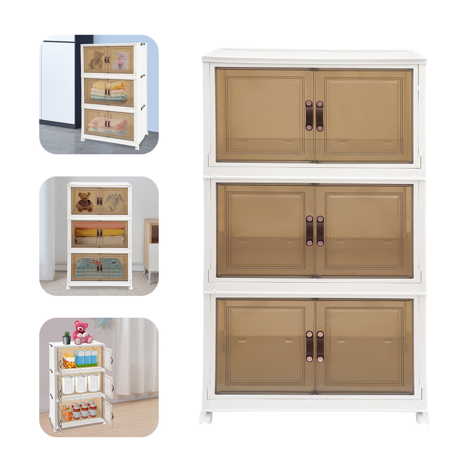 3PCS Foldable Stackable Storage Cabinets with Wheels White 25.59*16.54*43.5in