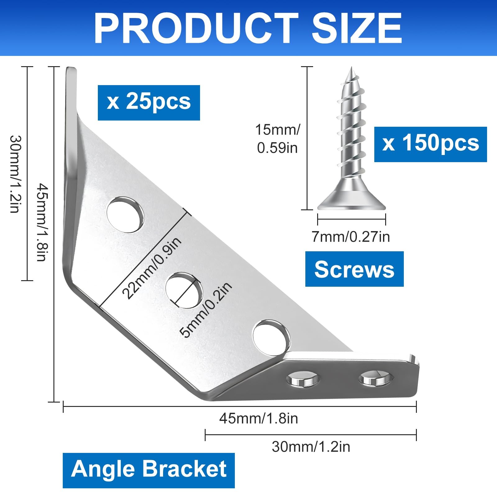 25 PCS Universal Stainless Steel Corner Brackets for Wood with 150 Screws