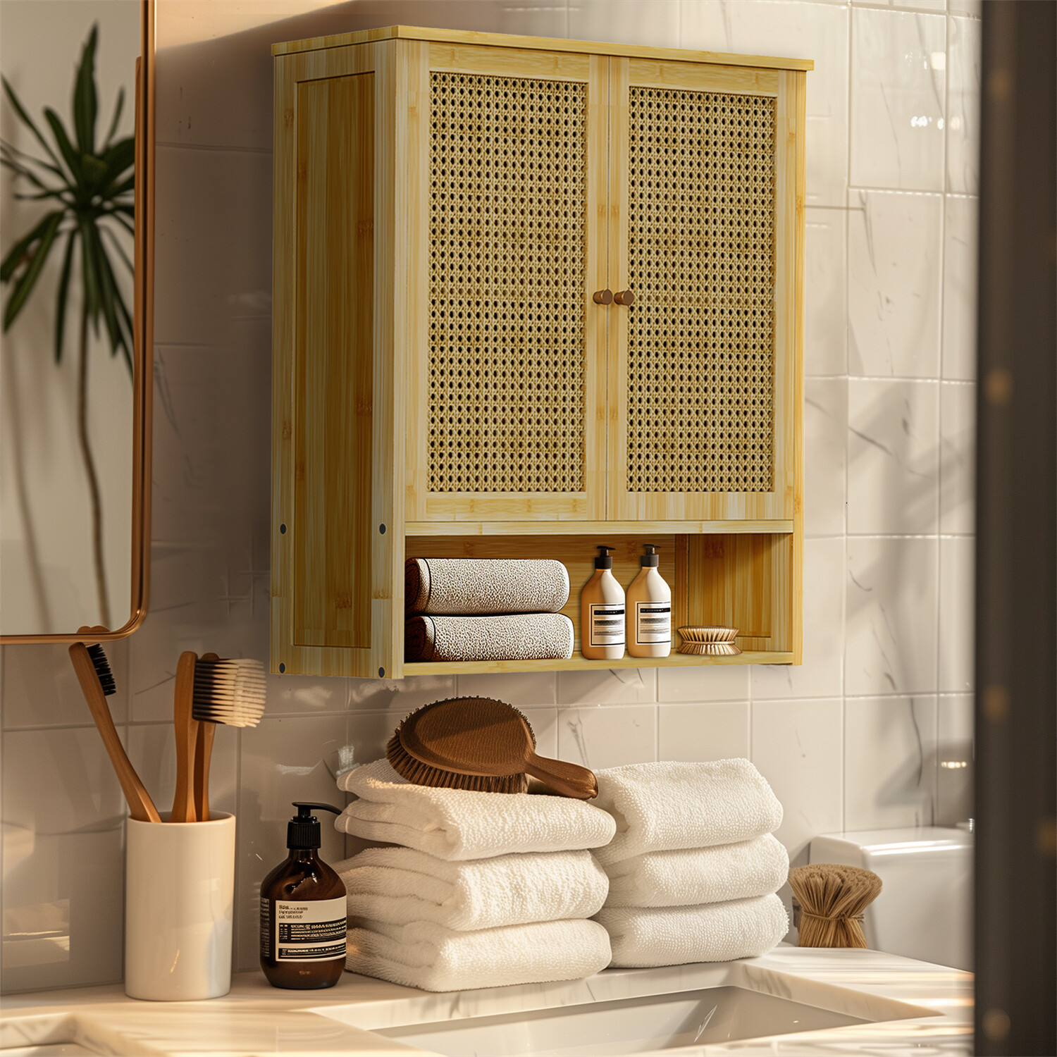 Bathroom Cabinet Wall Mounted, Bamboo Over-The-Toilet Storage Organizer 2 Door